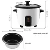 A collage showing a rice cooker and its inner pot with dimensions. Produktbild-Vorschau