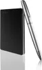 A black external hard drive is leaning against a silver pen on a white reflective surface. Náhled obrázku produktu