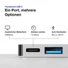 Close-up of a silver USB-C hub with ports and descriptive text and icons above. Produktbild-Vorschau