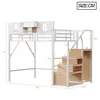A diagram showing the dimensions of a white bunk bed with wooden accents. Produktbild-Vorschau