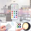 A remote control for LED lights with labels and diagrams explaining its functions, shown in a kitchen setting. Produktbild-Vorschau