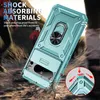 A teal phone case with a ring holder and kickstand is shown in a dynamic, outdoor setting with a blurred background of people hiking. The image highlights the case's protective features. Produktbild-Vorschau