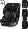A black and gray car seat is shown from the front, with smaller images of the car seat in different configurations on the right. Produktbild-Vorschau