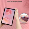 A person's hands are holding a tablet case with a tablet inside, demonstrating the fingerprint sensor feature. Produktbild-Vorschau