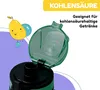 A close-up of an open green water bottle lid with a cartoon mango illustration in the background. Produktbild-Vorschau