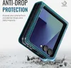 A blue flip phone case is shown falling onto a surface, with text describing its anti-drop protection. Produktbild-Vorschau