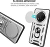Two views of a phone case with a sliding camera cover and ring holder, with text describing the sliding window feature. Produktbild-Vorschau