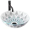 A white and blue patterned vessel sink with a black faucet. Náhled obrázku produktu