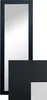 A tall, narrow mirror with a black frame is shown against a white background. A portion of the mirror is covered by a black L-shaped element. Produktbild-Vorschau