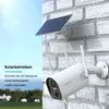 A white security camera with a solar panel attached to a brick wall, with text overlays describing its features. Náhled obrázku produktu