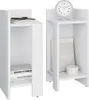 Two white bedside tables are shown side-by-side against a white background. The table on the left has books and a phone on the top shelf. The table on the right has a clock on top and a book and a decorative item on the shelf below. Náhled obrázku produktu