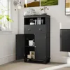 A black bathroom cabinet with its door open, displaying items inside, in a well-lit room. Anteprima dell’immagine prodotto