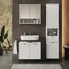 A modern bathroom with a white vanity, sink, mirror, and tall cabinet. Náhled obrázku produktu