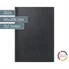 A black planner is shown against a white background with informational text overlays and a "Made in Germany" logo. Produktbild-Vorschau