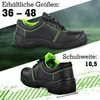 Two views of a black safety boot with green stitching and lining, set against a green and white background with abstract green lines. Produktbild-Vorschau