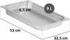A stainless steel food pan with dimensions and capacity indicated. Náhled obrázku produktu