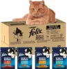 A cat sitting on a box of cat food, with individual pouches of cat food displayed below. Produktbild-Vorschau