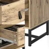 Collage of close-up shots of a wooden nightstand with black metal legs and a black leather handle. Produktbild-Vorschau
