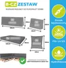 A collage of product images showing dimensions and features of outdoor cushions, along with a diagram of a sectional sofa made from pallets and cushions. Podgląd zdjęcia produktu