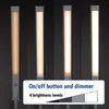 Four identical LED light bars are shown in a row, each displaying a different brightness level. A text box below indicates "On/off button and dimmer" and "4 brightness levels" with a gradient bar. Produktbild-Vorschau