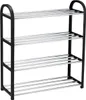 A four-tier shoe rack made of black metal frame and silver metal shelves. Voir les images du produit