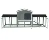 A large, grey wooden rabbit hutch with multiple compartments and open doors, set against a white background. Voir les images du produit