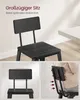 A black bar stool with a backrest is shown in a room setting, with close-up shots highlighting its features. Produktbild-Vorschau
