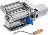 A chrome and white electric pasta maker with a wooden handle attachment, shown on a white background. Voir les images du produit