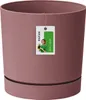 A rose-colored plant pot with a saucer and a product tag. Náhled obrázku produktu