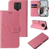 Collage of images showing a pink floral butterfly flip phone case for a Xiaomi Redmi Note 9 Pro, displaying its features and design. Produktbild-Vorschau