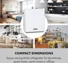 Collage showing a white mini-refrigerator in different settings like a bedroom, kitchen, office, and living room. Podgląd zdjęcia produktu