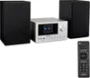 A silver micro audio system with two black speakers and a remote control, all on a white background. Produktbild-Vorschau