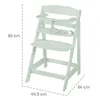 A mint green wooden high chair with dimensions indicated by dashed lines and text. Náhled obrázku produktu