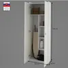 An open white cabinet with various household items inside, including an ironing board, vacuum cleaner, and cleaning supplies. Produktbild-Vorschau