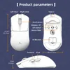 Diagrams and labels showing the features and dimensions of a white gaming mouse. Podgląd zdjęcia produktu