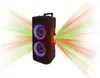 A black trolley speaker with colorful LED lights and light effects emanating from it. Voir les images du produit