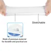 Hands stretching a white, flexible material, with a close-up inset of a pool skimmer sock and text highlighting its features. Produktbild-Vorschau