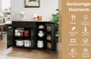A black kitchen island cart with a wooden countertop, filled with various kitchen items and storage containers. The right side of the image features a marketing graphic with German text and icons. Náhled obrázku produktu