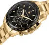 A close-up, angled shot of a gold Maserati chronograph watch with a black dial, set against a white background. Produktbild-Vorschau