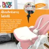 A baby in a high chair with a removable tray, with text explaining the feature. Produktbild-Vorschau