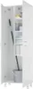 A tall, white storage cabinet with its doors open, revealing cleaning supplies and a mop. Náhled obrázku produktu
