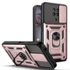 Two views of a rose gold and black smartphone case with a slide camera cover and a ring holder, presented against a white background. Produktbild-Vorschau