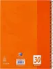 The back cover of an orange spiral-bound notebook with some branding and product information. Podgląd zdjęcia produktu