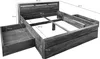 A wooden bed frame with drawers, shown with dimensions indicated by text overlays. Produktbild-Vorschau