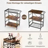 A collage showing two different configurations of a 3-tier serving cart, a person holding a tray with wine bottles, and icons representing glasses, wine, food, and tableware. Podgląd zdjęcia produktu