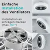 Collage showing a ceiling fan installation with text overlays explaining its features and mounting angles. Produktbild-Vorschau