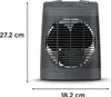 A gray Rowenta Instant Comfort Compact SO2321 heater is shown against a white background with dimensions indicated. Voir les images du produit