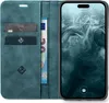 A teal flip case wallet for a smartphone, open to reveal card slots and a banknote, with the smartphone screen displaying the time and date. Produktbild-Vorschau