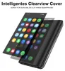 A smartphone with a clear view cover displaying app icons, placed diagonally on a white background. Produktbild-Vorschau