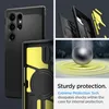 A collage of images showcasing a phone case, its internal structure, and a demonstration of its protective features. Produktbild-Vorschau
